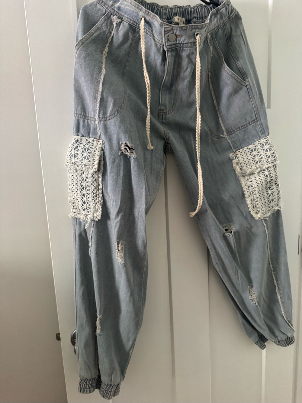 POL Light Blue Distressed Jeans with Crochet Patch Pockets